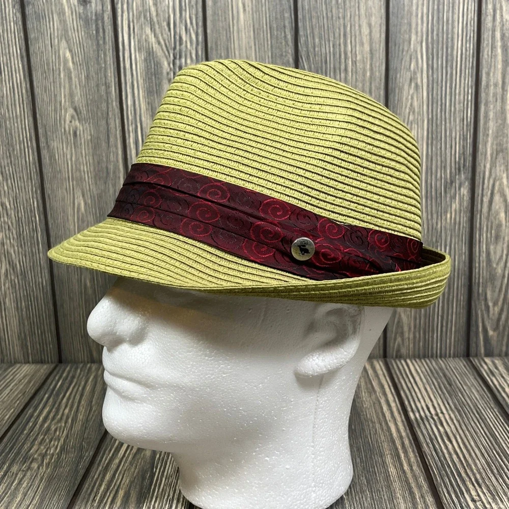 Peter Grimm Fedora Hat Men S/M Green Straw Trilby Burgundy Band Summer Sun Beach
